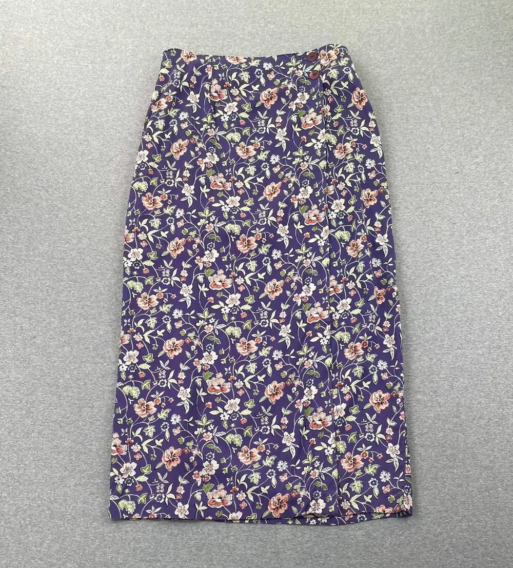 90s VTG Paul Harris Design Floral Maxi Skirt Size L Purple Wrap Front Fairycore